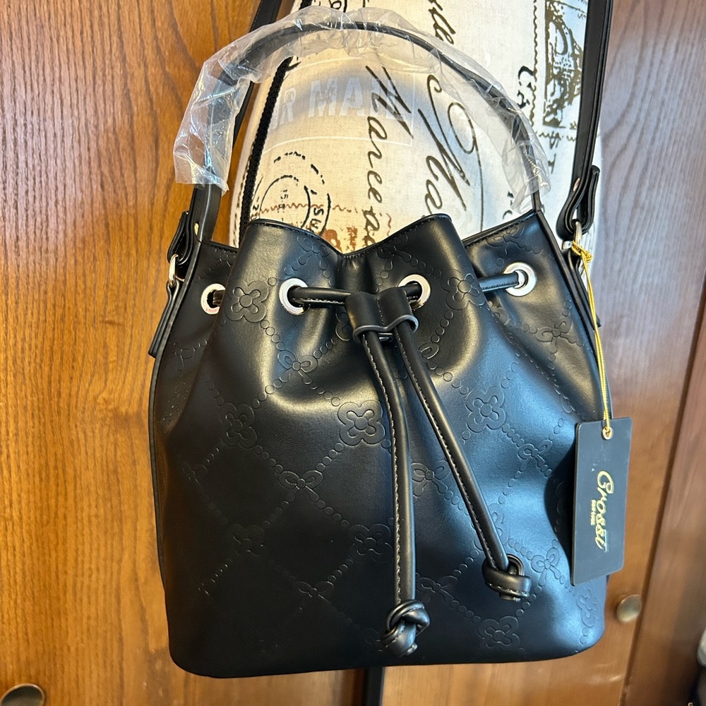 Black Embossed Drawstring Bag NWT - image 1